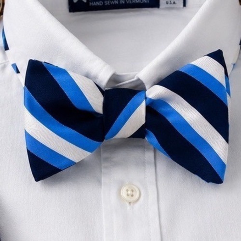 Beau Ties Ltd Vermont Mens Silk Bow Tie Navy Blue White Striped Made in USA